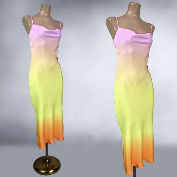 Express 2021 Rainbow Ombre Satin Bias Slip Dress NWT - Picture 4 of 10